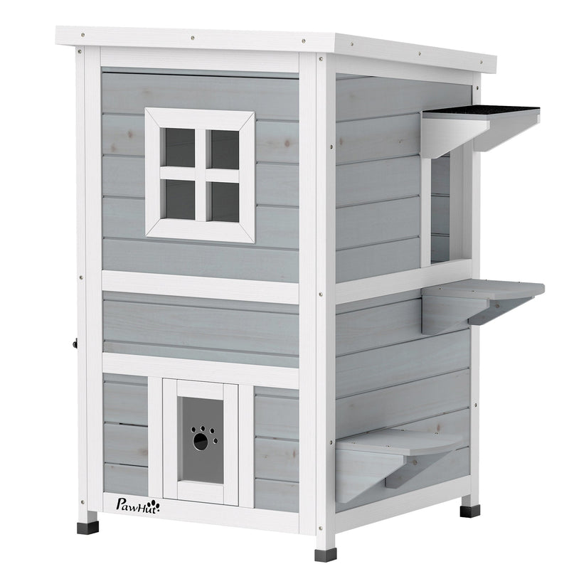 PawHut 2-floor grey outdoor cat house with a window, jump platforms and openable roof, studio shot