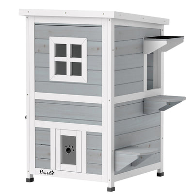 PawHut 2-floor grey outdoor cat house with a window, jump platforms and openable roof, studio shot