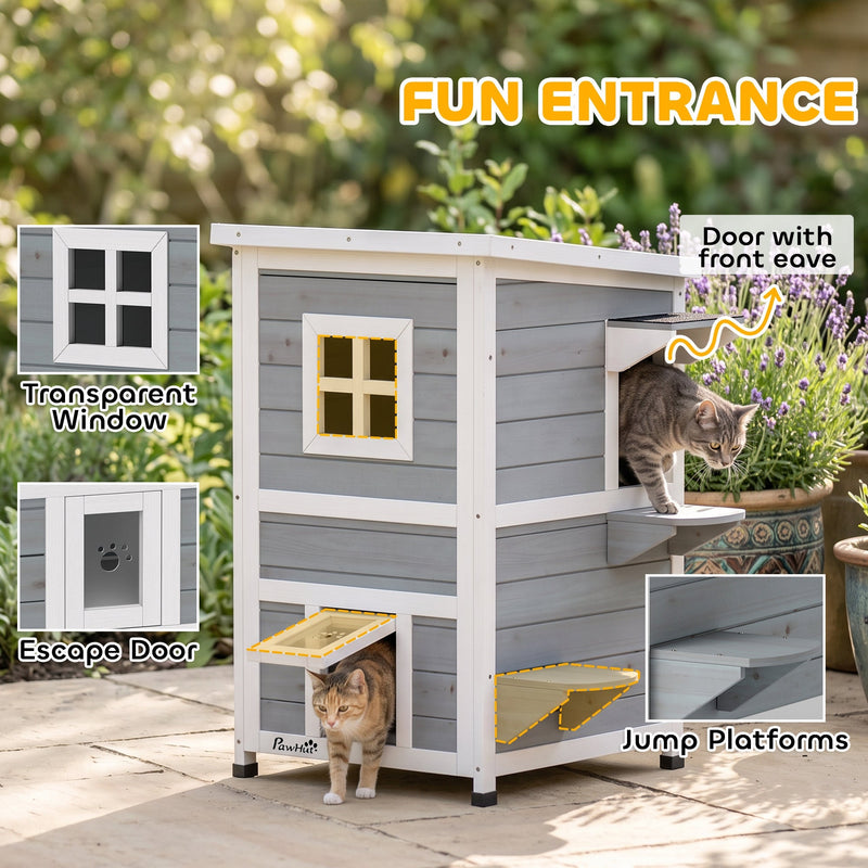 Labelled graphic showing the transparent window, escape door and jump platforms on the cat house