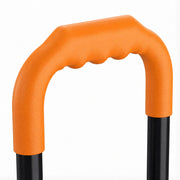 Close-up of the orange handle grip on the hand truck