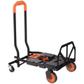 Black and orange folding hand truck in 4-wheel trolley mode on a white background