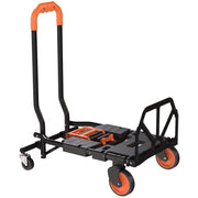 Black and orange folding hand truck in 4-wheel trolley mode on a white background