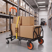 Folding hand truck loaded with strapped boxes in a warehouse