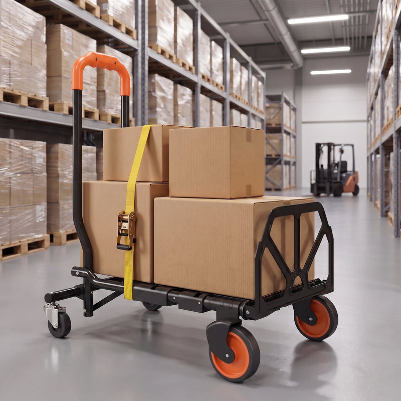 Folding hand truck loaded with strapped boxes in a warehouse
