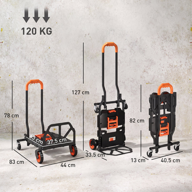 Hand truck dimensions diagram showing 4-wheel mode, upright 2-wheel height and folded size