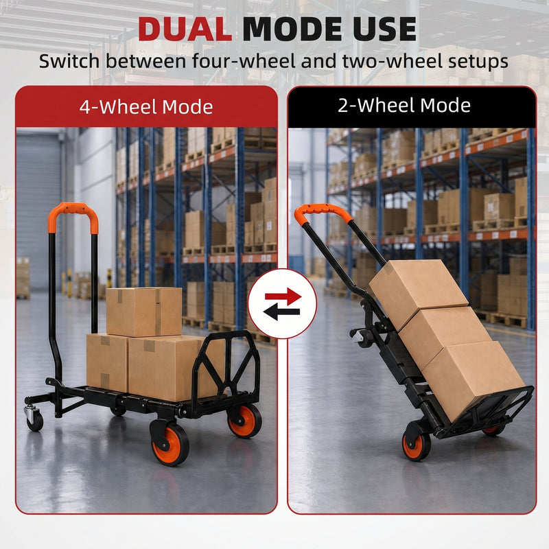 Dual mode graphic comparing the 4-wheel trolley and 2-wheel sack truck modes