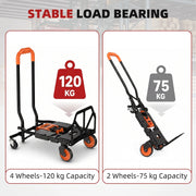 Load capacity graphic showing 120 kg in 4-wheel mode and 75 kg in 2-wheel mode