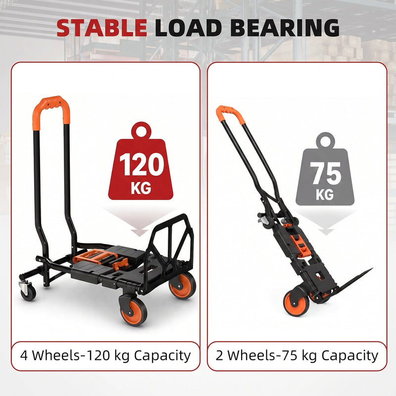 Load capacity graphic showing 120 kg in 4-wheel mode and 75 kg in 2-wheel mode