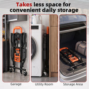 Folded hand truck stored in a garage, utility room and car boot