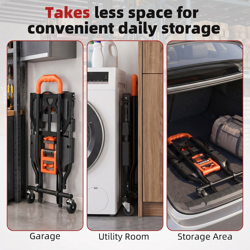 Folded hand truck stored in a garage, utility room and car boot
