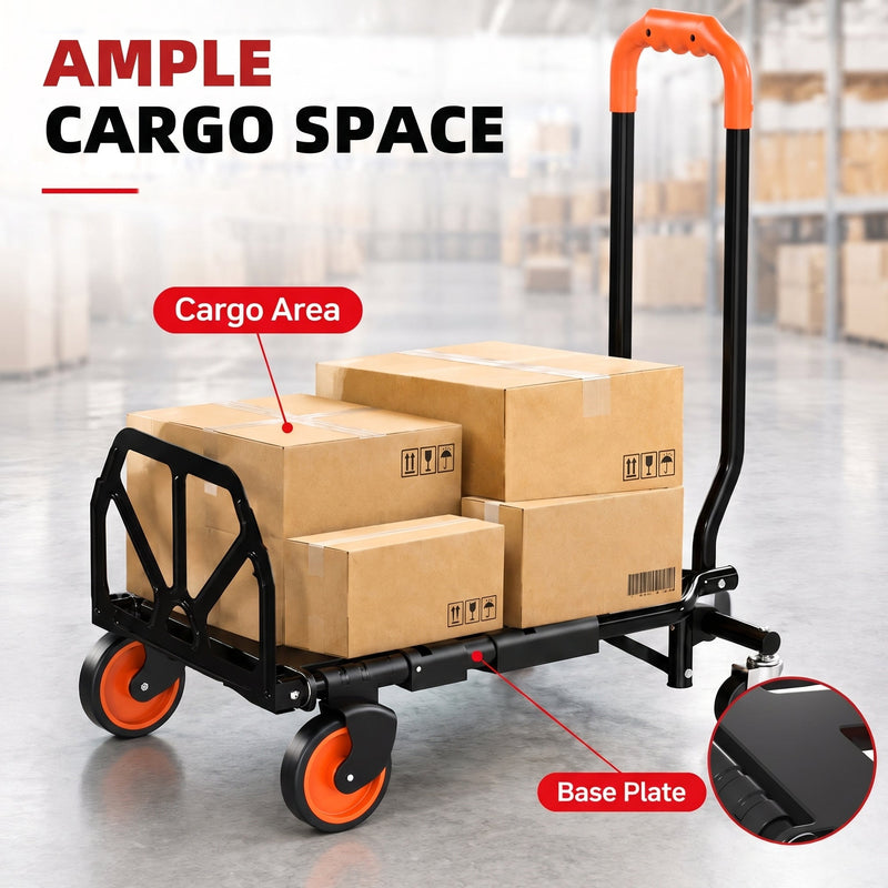 Hand truck with a large cargo area and base plate loaded with boxes