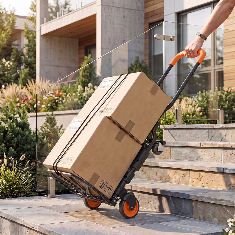 Person tilting the hand truck with boxes up steps in 2-wheel mode