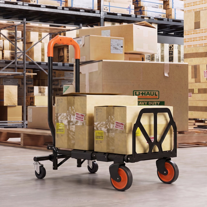 Hand truck carrying boxes through a warehouse in 4-wheel mode