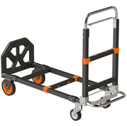 Black and orange folding sack truck set up as a 4-wheel platform trolley with raised handle