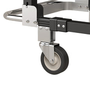 Close-up of a 360° swivel front castor with rubber tyre on the trolley frame