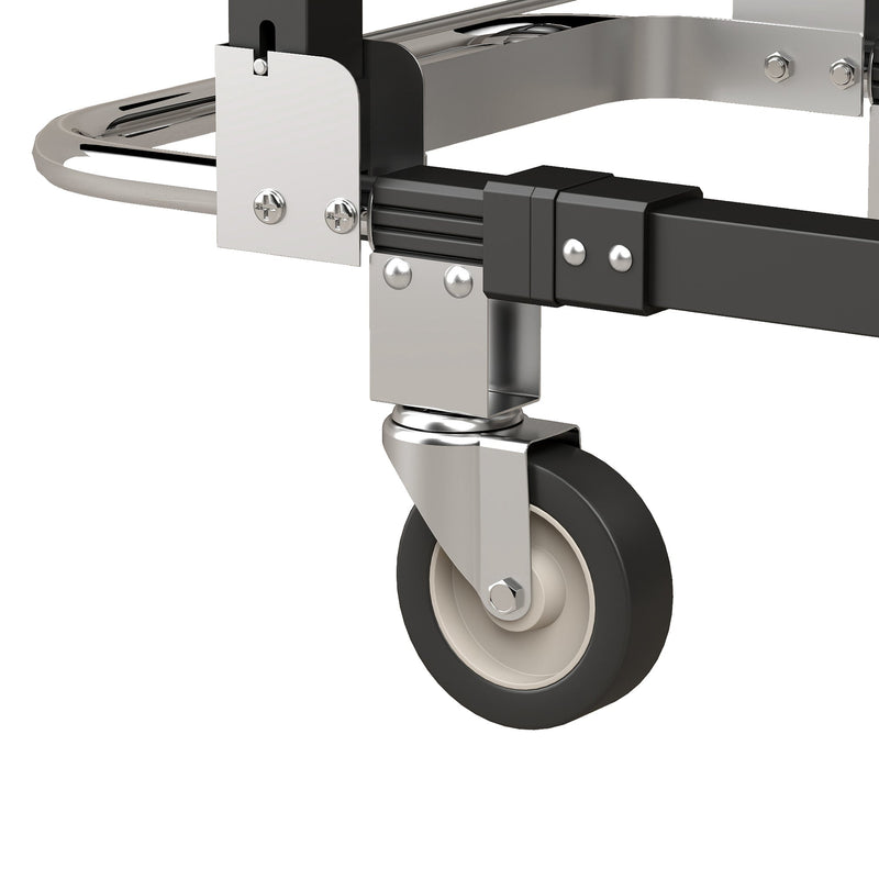 Close-up of a 360° swivel front castor with rubber tyre on the trolley frame