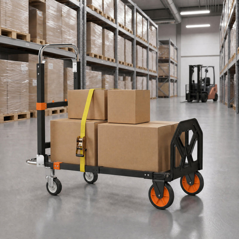 Platform trolley loaded with cardboard boxes and a yellow strap in a warehouse aisle