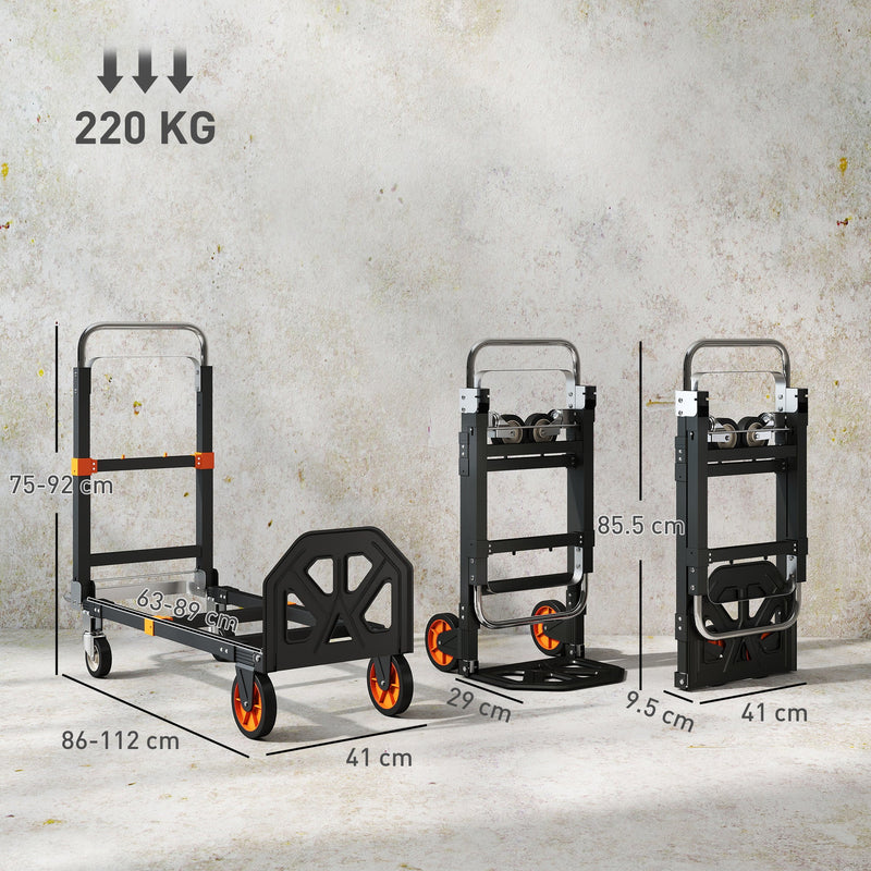Dimension diagram of the folding trolley showing 86-112 cm platform length, 75-92 cm handle and 220 kg capacity
