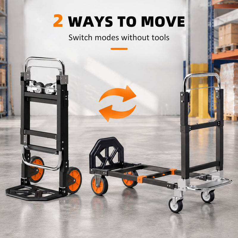 Upright 2-wheel sack truck beside the flat 4-wheel platform mode with arrows between them