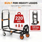 Capacity graphic showing 220 kg in platform mode and 120 kg in upright mode