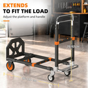 Platform trolley in a workshop with the 75-92 cm handle and 86-112 cm length labelled