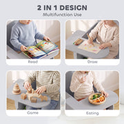 2-in-1 design graphic showing a child reading, drawing, playing and eating at the desk