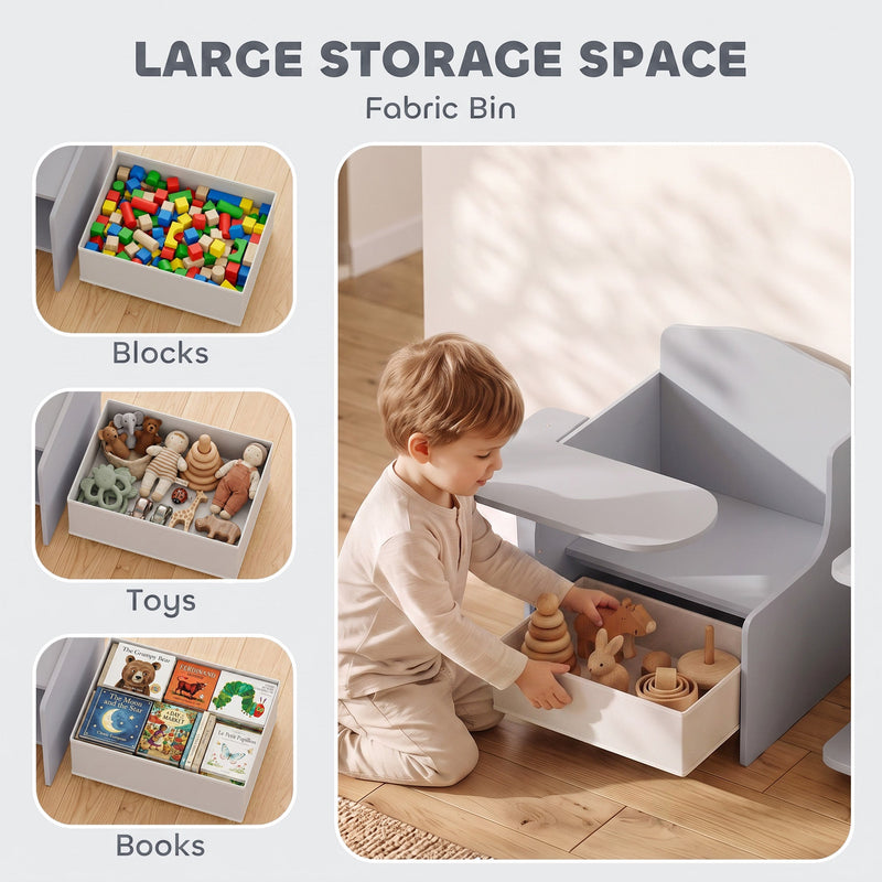 Large storage space graphic showing the fabric bin holding blocks, toys and books