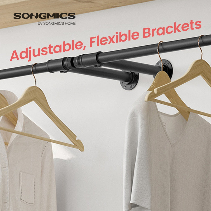 2 pack wall-mounted industrial pipe clothes rails by Songmics, dimensions diagram