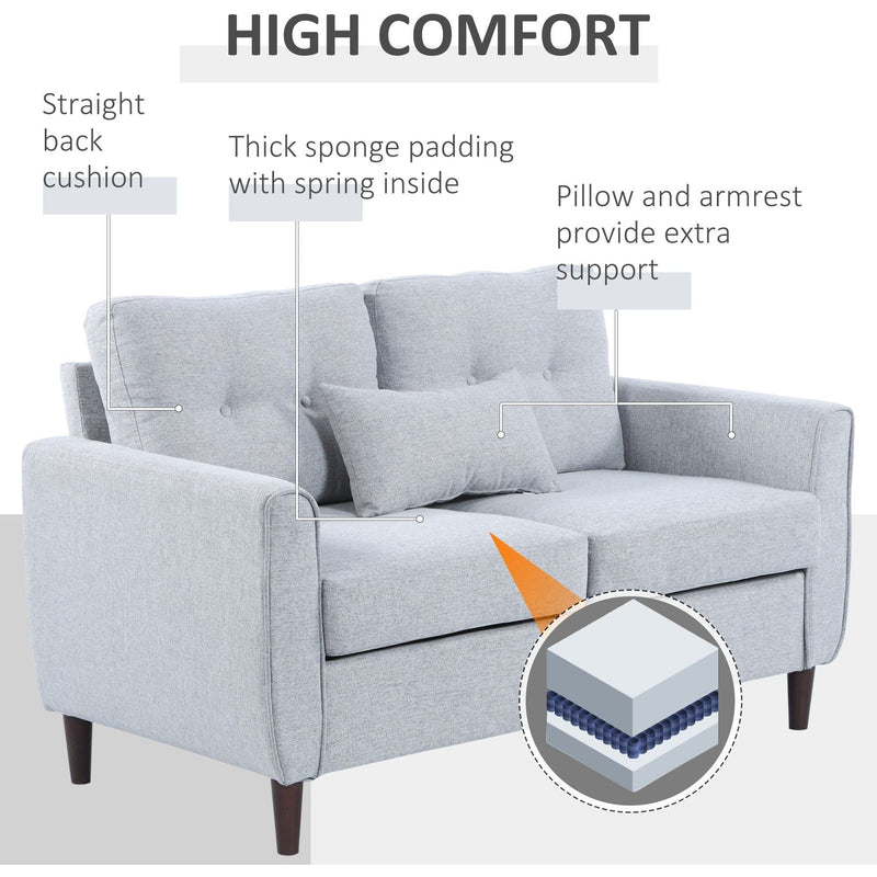 Side profile of grey tufted fabric loveseat sofa