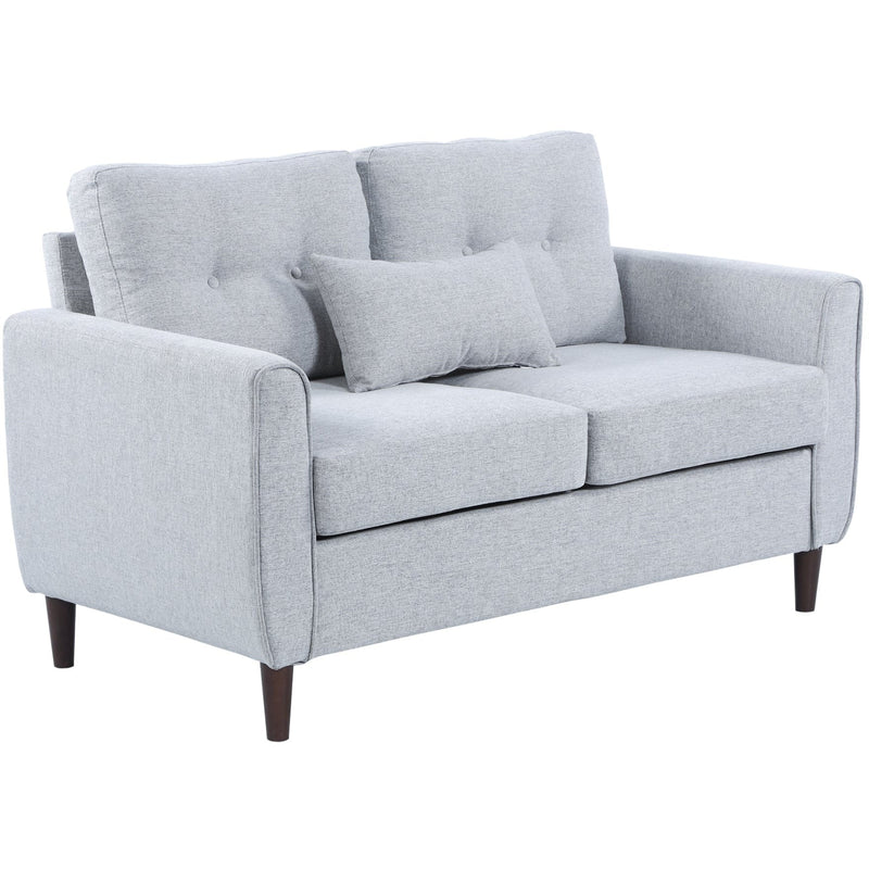 Grey tufted fabric loveseat sofa, full front view on plain background