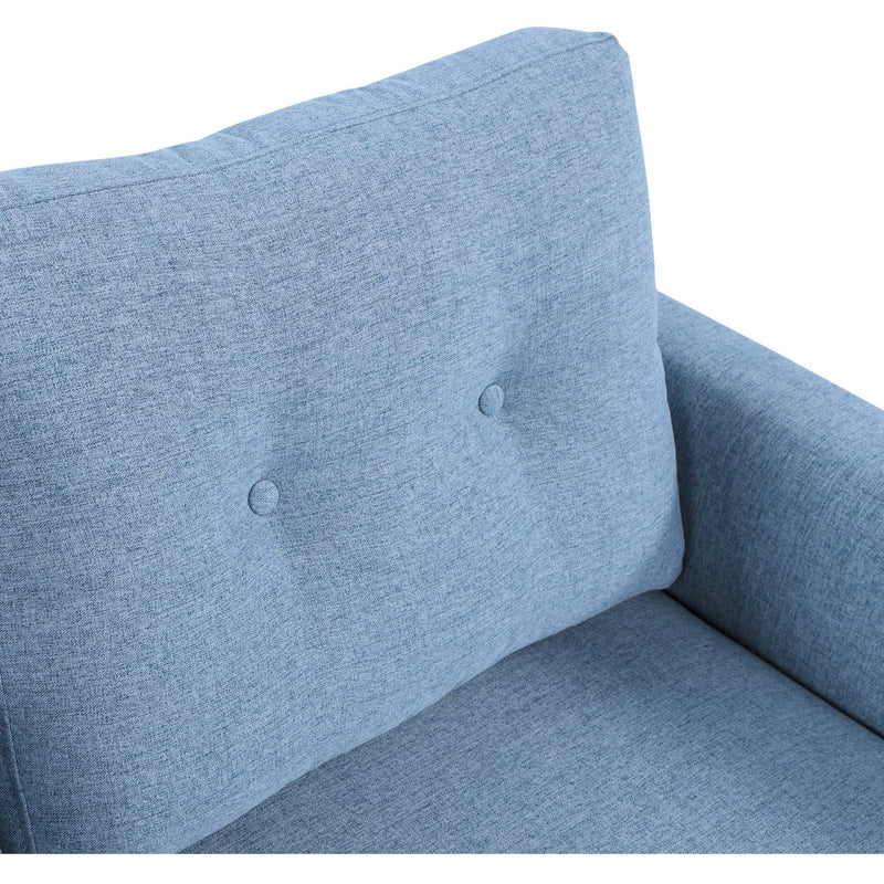 Close-up of button-tufted detail on blue backrest cushion
