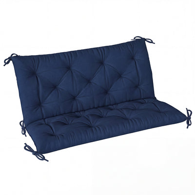 Dark blue tufted two-seater bench cushion with tie fastenings, studio shot with no frame