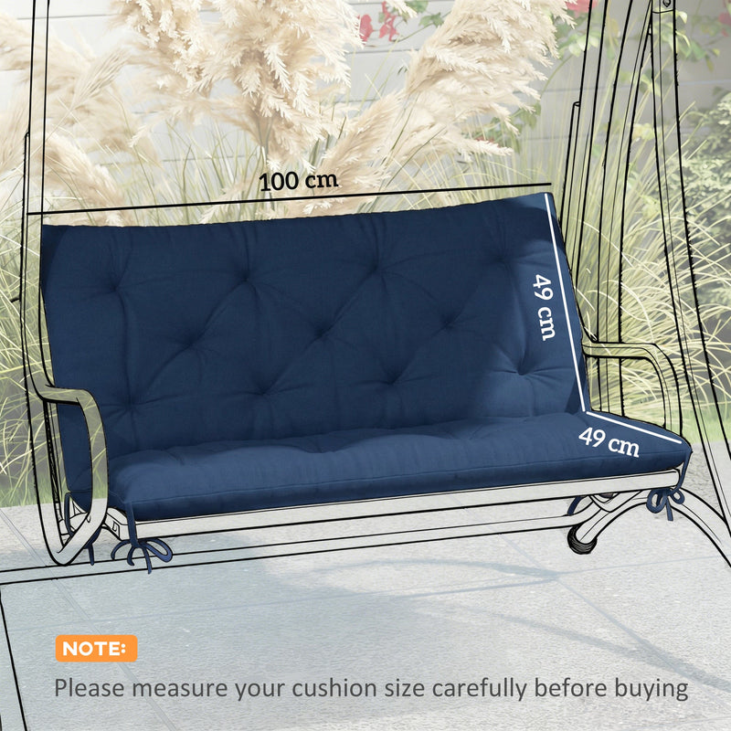 Dimension diagram showing 100cm width, 49cm seat depth and 49cm back height on an outlined swing frame