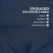 Close-up of the dark blue polyester fabric texture, durable and splash-resistant callout