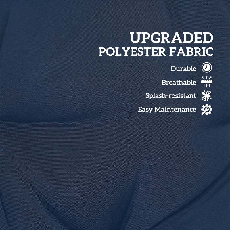 Close-up of the dark blue polyester fabric texture, durable and splash-resistant callout