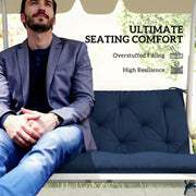 Man sitting on the cushioned swing bench, ultimate seating comfort callout