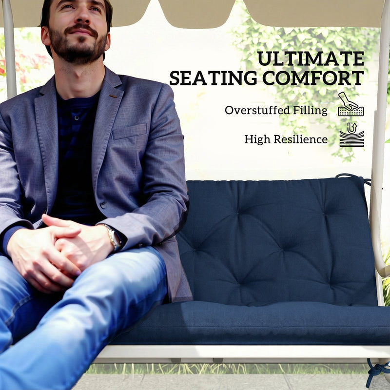 Man sitting on the cushioned swing bench, ultimate seating comfort callout