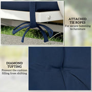 Close-up of the tie ropes fastened to the bench frame and the diamond-tufted stitching detail
