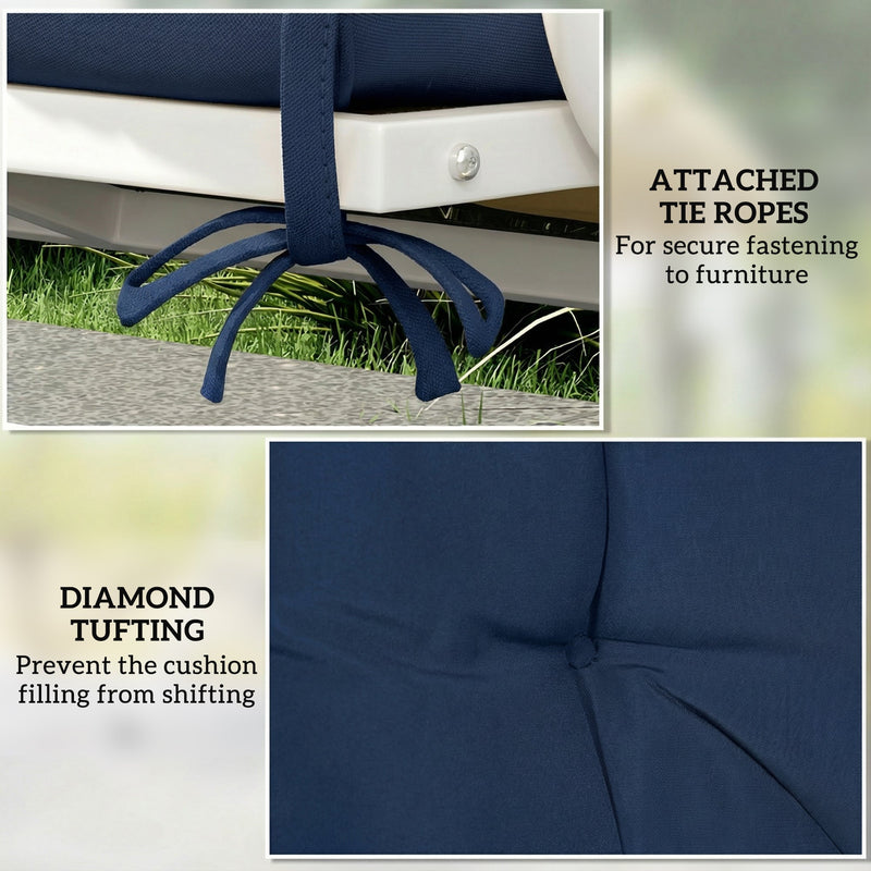 Close-up of the tie ropes fastened to the bench frame and the diamond-tufted stitching detail