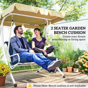 Couple sitting on a garden swing seat with the cushion fitted, care note that the cover is not washable
