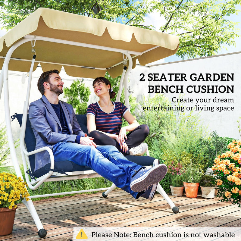Couple sitting on a garden swing seat with the cushion fitted, care note that the cover is not washable