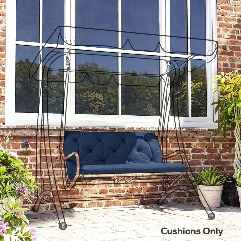 Cushion fitted on an outlined swing frame against a brick wall with potted plants, cushions only