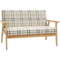 2 seater sofa with beige and coffee check fabric and a natural wood frame on a white background