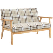 Angled view of the check sofa with wooden armrests on a white background