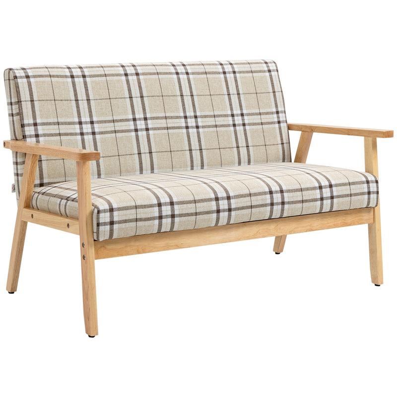 Angled view of the check sofa with wooden armrests on a white background
