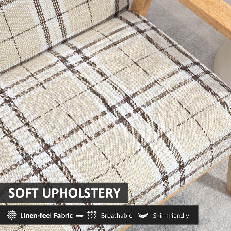 Close-up of the beige and coffee check linen-feel fabric with a soft upholstery label