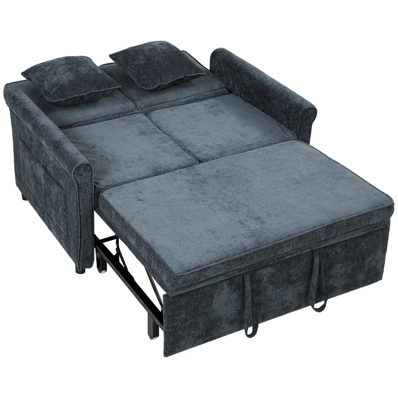 Homcom dark blue chenille sofa bed shown fully pulled out into bed mode with two pillows