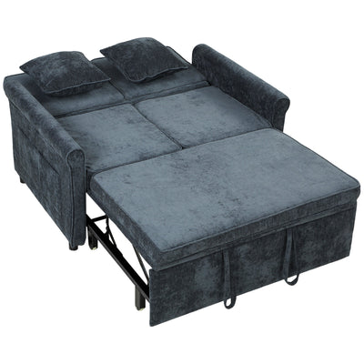 Homcom dark blue chenille sofa bed shown fully pulled out into bed mode with two pillows