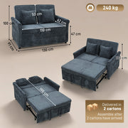 Dimensions diagram showing the sofa 130 cm wide, 91 cm deep, 100 cm tall and the bed 190 cm long