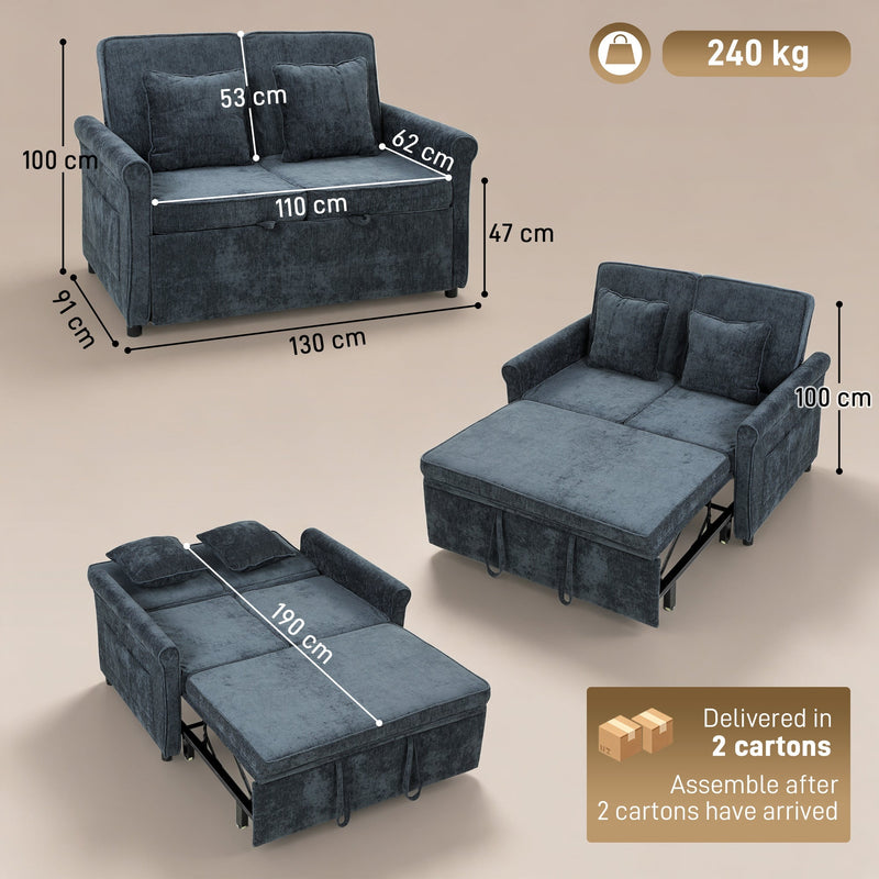 Dimensions diagram showing the sofa 130 cm wide, 91 cm deep, 100 cm tall and the bed 190 cm long